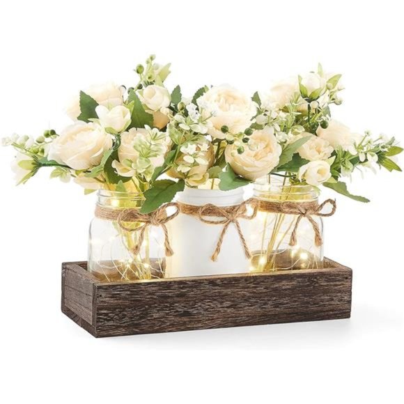 Mason Jar Lights Centerpiece Table Decorations Farmhouse Coffee Table Decor Wood - Picture 1 of 7